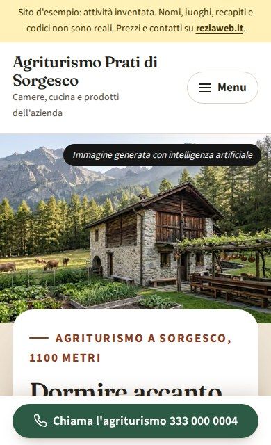 La prima schermata del sito d'esempio sul telefono: Agriturismo Prati di Sorgesco