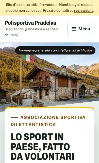 La prima schermata del sito d'esempio sul telefono: Polisportiva Pradelva
