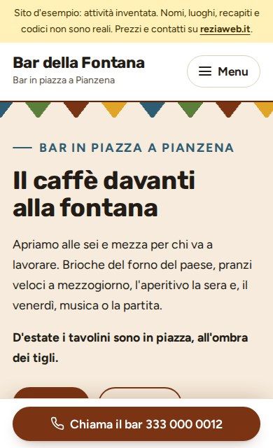 La prima schermata del sito d'esempio sul telefono: Bar della Fontana