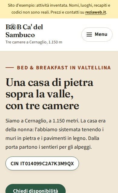 La prima schermata del sito d'esempio sul telefono: B&B Ca' del Sambuco