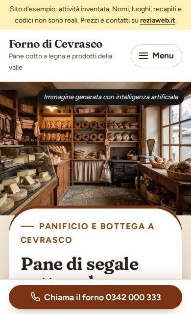 La prima schermata del sito d'esempio sul telefono: Forno di Cevrasco