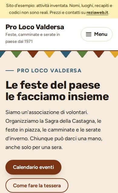 La prima schermata del sito d'esempio sul telefono: Pro Loco Valdersa
