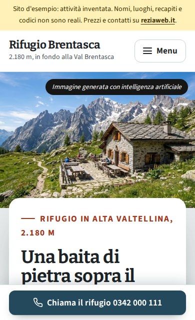 La prima schermata del sito d'esempio sul telefono: Rifugio Brentasca